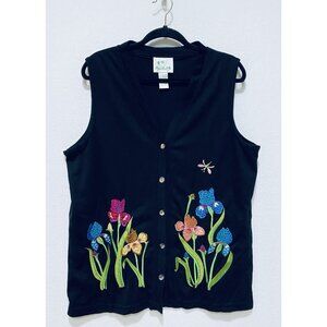 Quacker Factory Vest Womens Large Black Floral Embroidered Cottagecore Granny